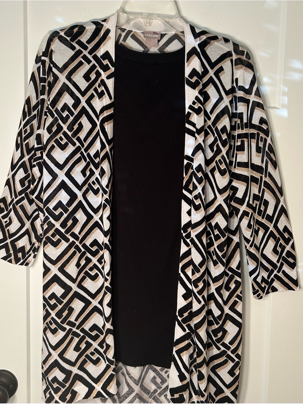 Chico's Black, White & Tan Geometric Open-Front Cardigan
